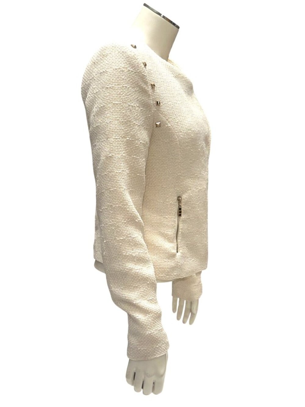Forever 21 Size S Ivory Studded Moto Jacket Textured Weave Streetwear Vibes Chic - Picture 3 of 14